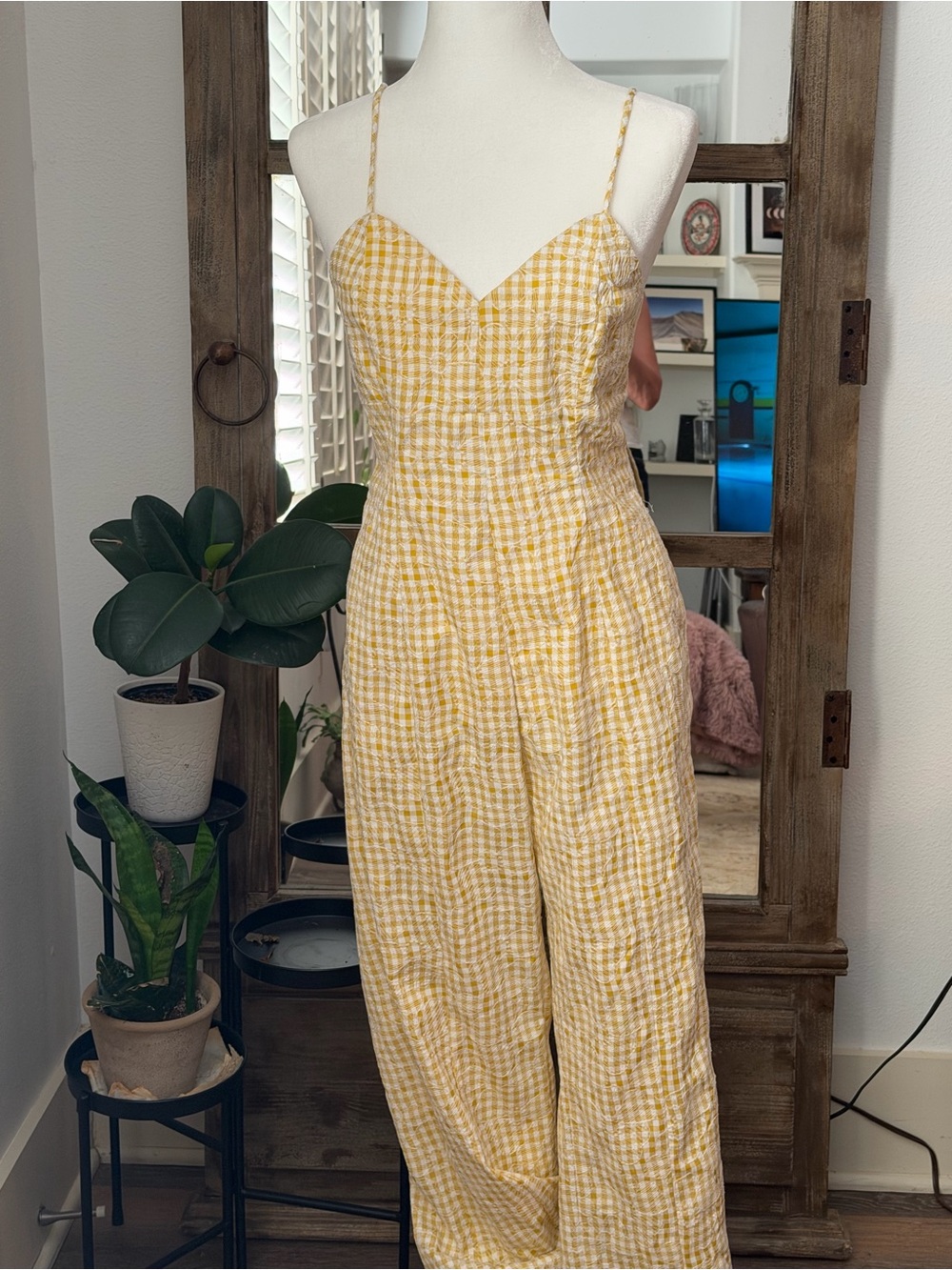 En Saison Yellow Gingham Spaghetti-Strap Jumpsuit